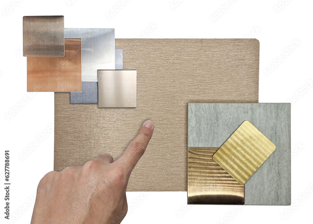 interior architect chooses material samples including brushed gold ...