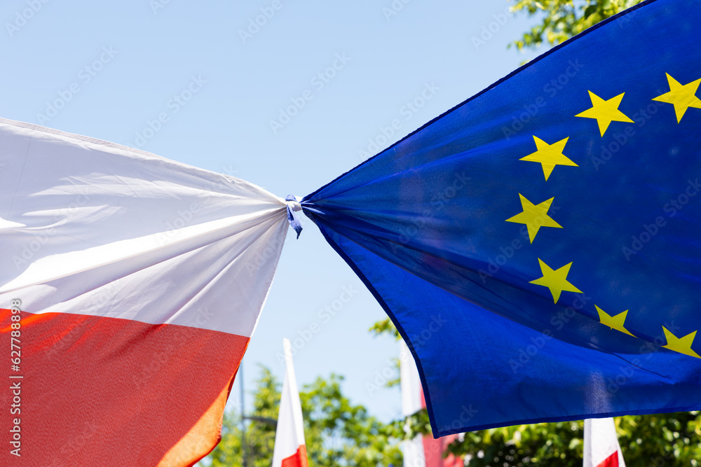 Polish and European Union flags on a protest march. A manifestation of sympathy for the European Union. Photo taken on a sunny day.