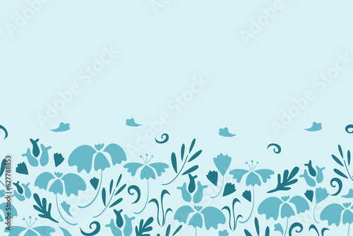 blue floral background. Spring banner floral decoration with cute multicolored blooming flowers .border on white background.Vector horizontal banner Summer flora frame  Beautiful botanical.