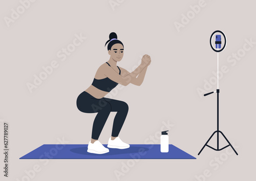 A young female Asian character doing squats, an online workout scene, sport outfit