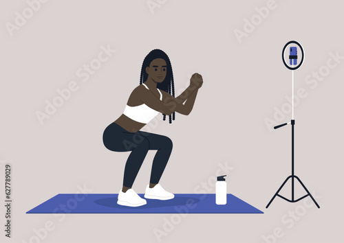 A young female African character doing squats, an online workout scene, sport outfit