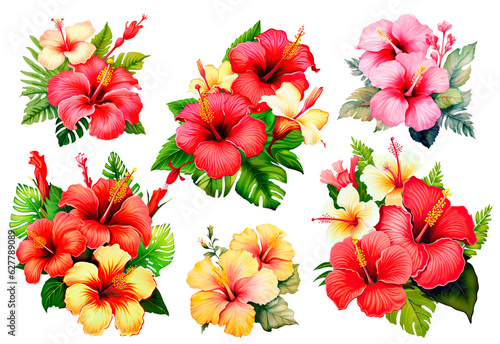 Set of Arrangement from yellow Hibiscus flowers and tropical plants, isolated transparent background, Generative AI