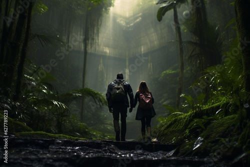 Photograph of couples exploring trails in lush rainforests, Generative AI
