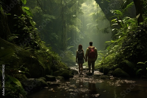 Photograph of couples exploring trails in lush rainforests, Generative AI