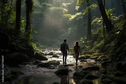 Photograph of couples exploring trails in lush rainforests, Generative AI © Nino44