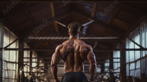 A back shot of a gym athlete showing his back muscles in the gym
