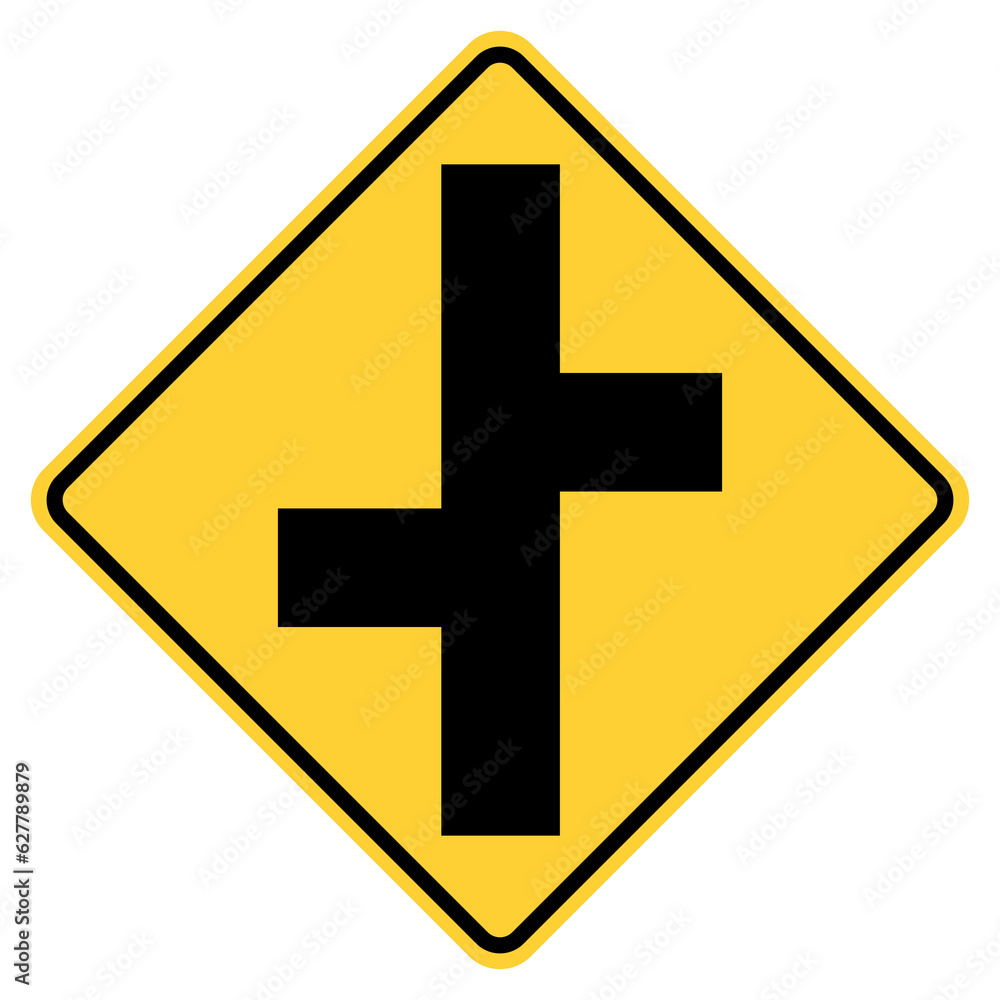 Fototapeta premium Transparent PNG format Vector graphic of a usa offset side roads sign. A black vertical line with side roads emerging either side of the highway within a black and yellow square tilted to 45 degrees