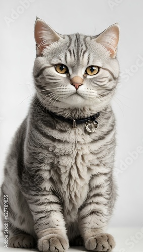 Imagine a striking portrait of a Silver Tabby British Shorthair cat gazing directly at the camera with its captivating eyes. The cat's fur is short, dense, and marked with a beautiful silver-gray coat © AB