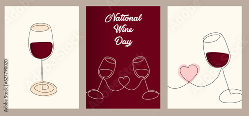 Set of Posters with wine glasses in line art style, one solid line. Modern design. National Wine Day. Holiday concept, logo. Template for background, banner, card, poster with text inscription.