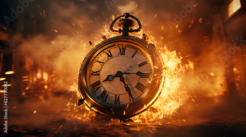Time is running out. A clock stands in flames, symbolizing the inevitability of time.