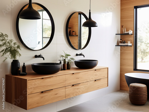 Fotobehang Ensuite bathroom with wall mounted timber vanity and black sink and pill shaped mirrors