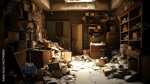 Messy dusty abandoned room full of paper, dust and dirty stuff. Generative AI.