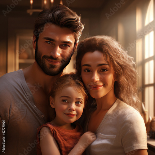 Happy family, dad, mom and daughter. AI generative.