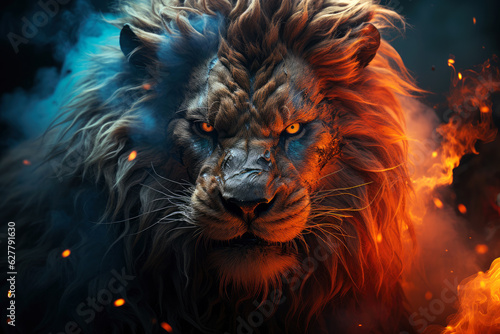 Aggressive mystical angry lion on a dark background with smoke and fire