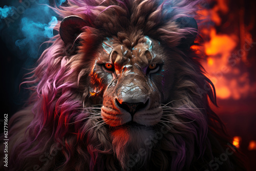 Aggressive mystical angry lion on a dark background with smoke and fire