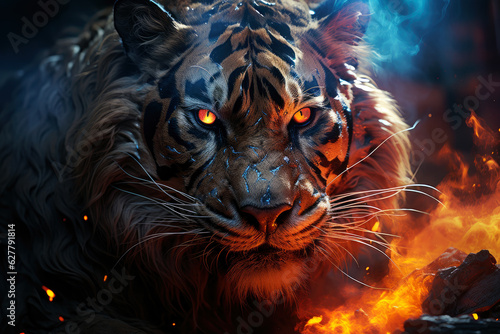 Aggressive mystical angry tiger on a dark background with smoke and fire