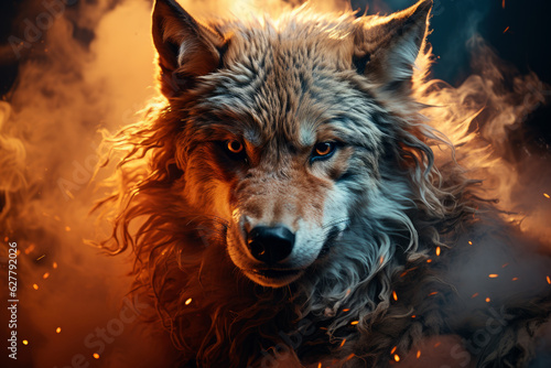 Aggressive mystical angry wolf on a dark background with smoke and fire