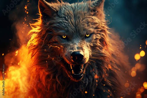 Aggressive mystical angry wolf on a dark background with smoke and fire © staras