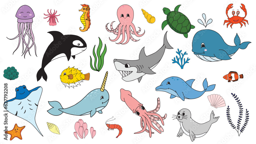 Fish and wild marine animals are isolated on white background. Inhabitants of the sea world, cute, funny underwater creatures dolphin, shark, ocean crabs, sea turtle, shrimp. Flat cartoon illustration Fish and wild marine animals are isolated on white background. Inhabitants of the sea world, cute, funny underwater creatures dolphin, shark, ocean crabs, sea turtle, shrimp. Flat cartoon illustration