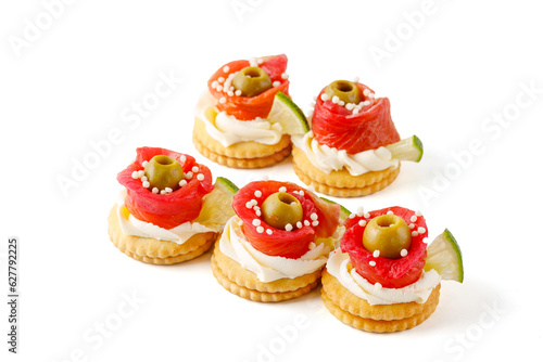 canape with salmon gravlax on white background for food delivery restaurant menu