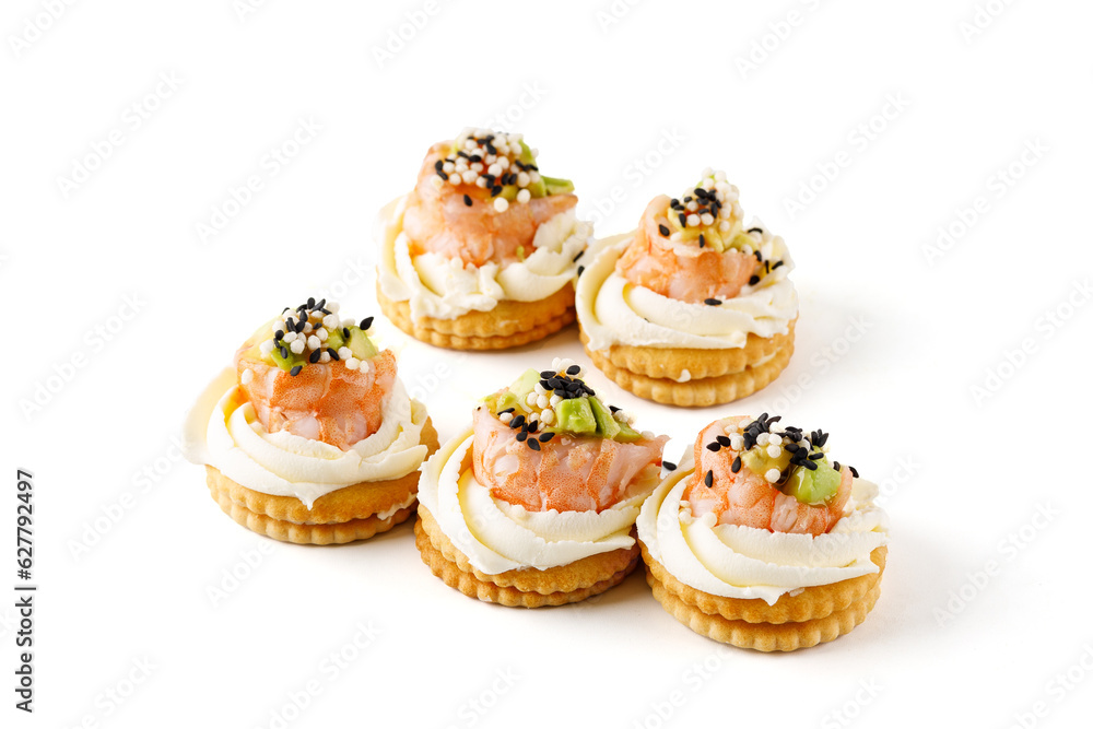 tiger shrimp canape on white background for food delivery restaurant menu tiger shrimp canape on white background for food delivery restaurant menu