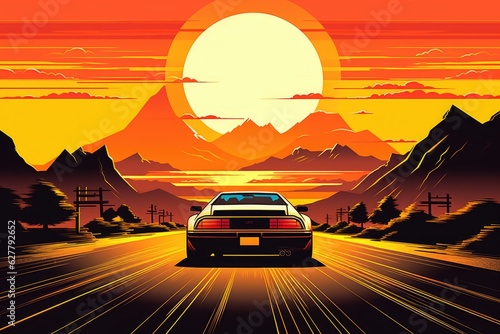 Fast sports car on road with shaped mountains in background, travel abroad concept.