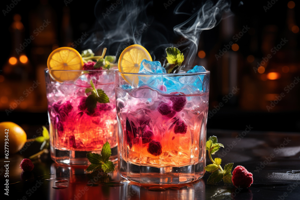 Refreshment multicolor fruit cocktail with ice, lemon and mint in a bar, night club party with soft drinks
