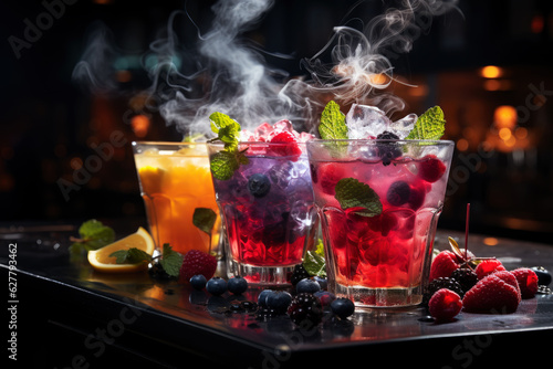 Fotografia Refreshment multicolor fruit cocktail with ice, lemon and mint in a bar, night c
