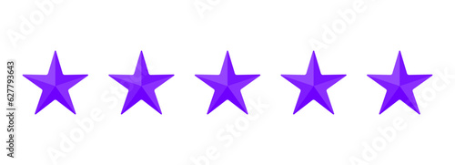 Five purple stars. Set of stars with 3D effect on transparent background. Horizontal pattern of five stars representing high rating or ranking