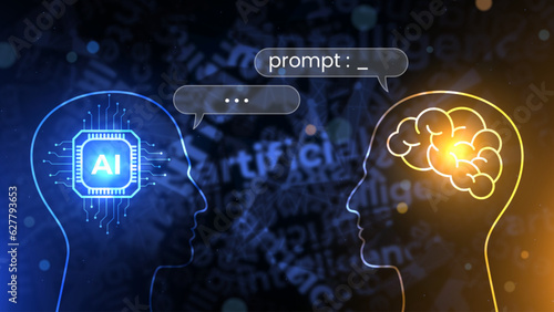 Conceptual illustration of a human interacting with an AI robot with the speech bubble. AI processor vs human brain talking about the prompt. Machine learning concept. Futuristic technology background