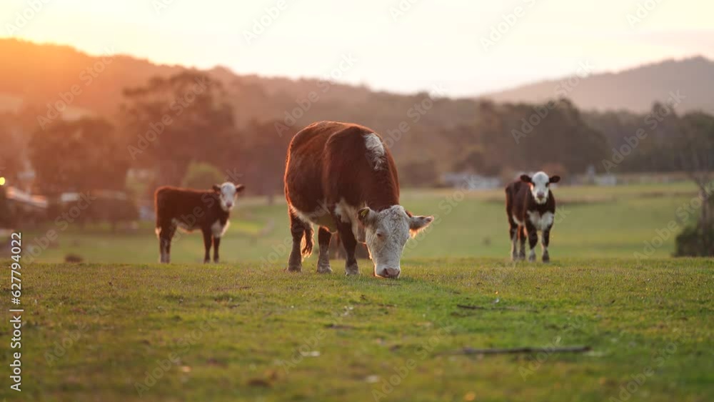 Hereford cows in a field, cow eating grass. angus livestock grazing on pasture at dusk Hereford cows in a field, cow eating grass. angus livestock grazing on pasture at dusk