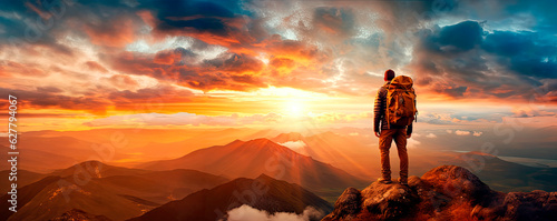 Man hiker standing on top of a mountain with a backpack