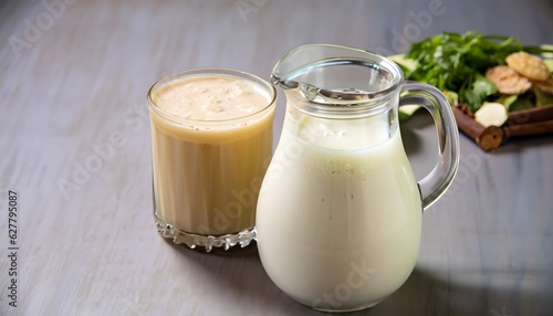 A pitcher of refreshing lassi, a yogurt-based drink perfect for hot summer days, Generative AI