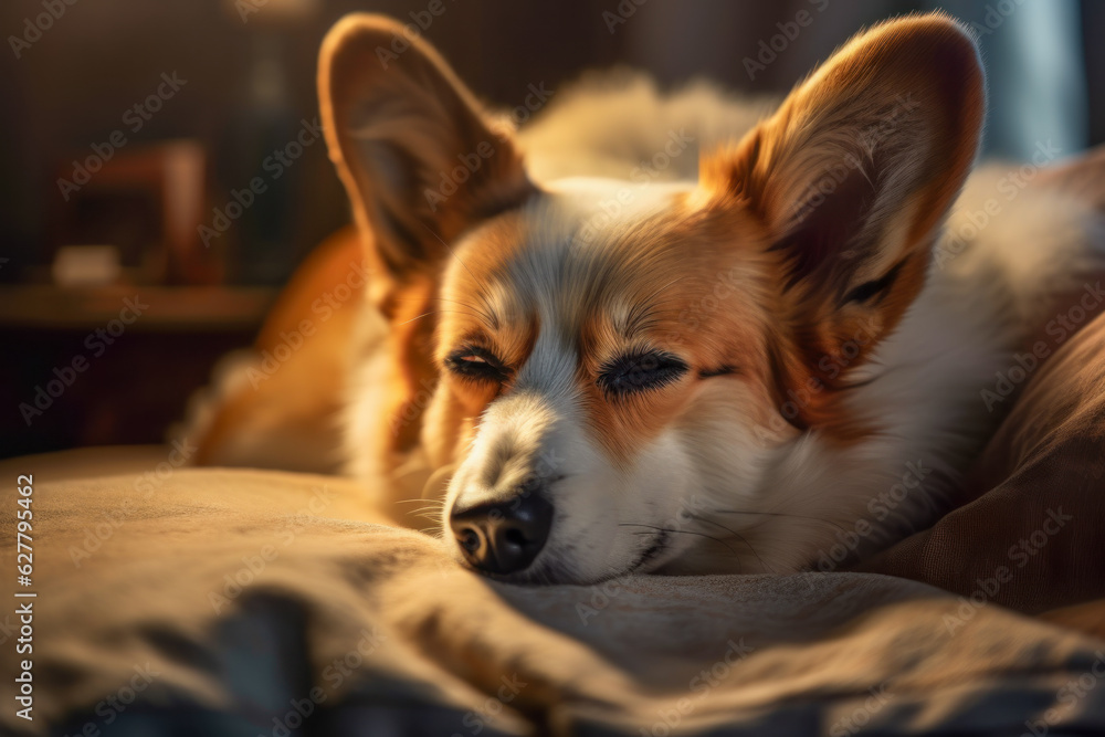 Welsh Corgi dog lying on bed sleeping head down Welsh Corgi dog lying on bed sleeping head down