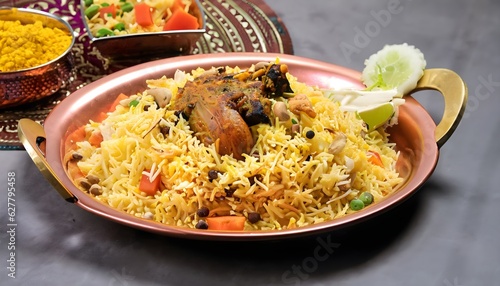  A platter of traditional Sindhi biryani, known for its aromatic flavors and colorful appearance, Generative AI