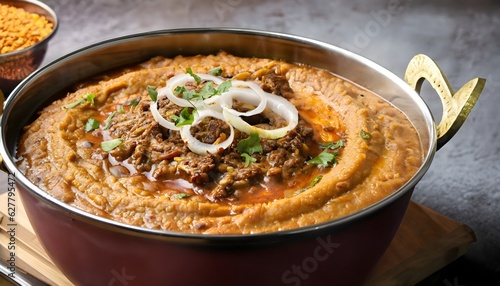 A steaming pot of haleem, a thick porridge-like dish made with lentils and meat, topped with fried onions and spices, Generative AI