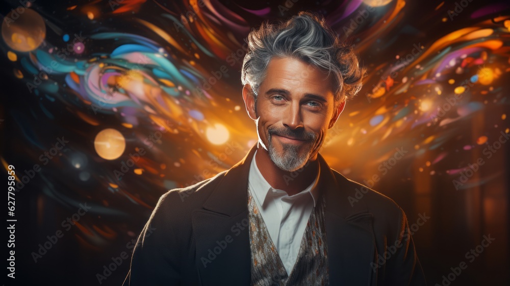 Handsome middle-aged man with abstract magical background. Made with Generative AI.