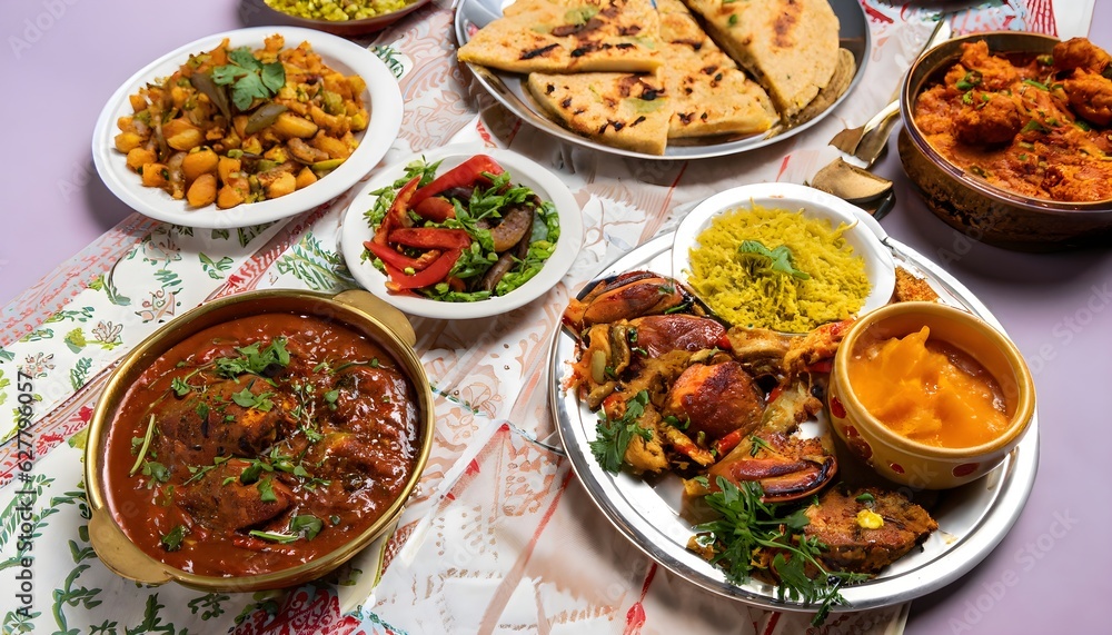 A traditional dastarkhwan (tablecloth) laid out with various dishes, showcasing the diversity of Pakistani cuisine
