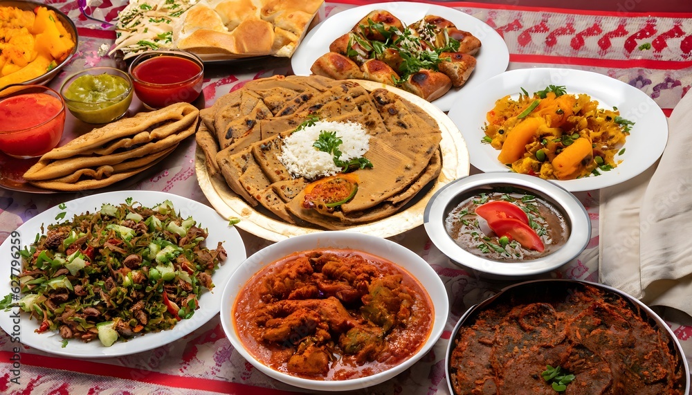 A traditional dastarkhwan (tablecloth) laid out with various dishes, showcasing the diversity of Pakistani cuisine, Generative AI