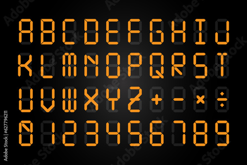 Digital display font. Orange lighting letters, numbers and signs isolated on black background, electronic clocks or neon typeface collection, glowing english alphabet. Eps 10 vector illustration.