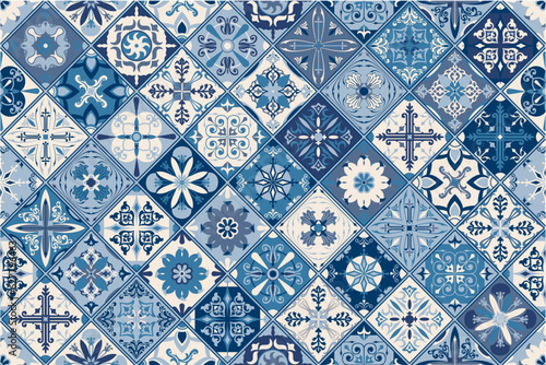 Traditional ornate Portuguese decorative tiles, azulejos. Abstract background. Vector hand drawn illustration, typical Portuguese tiles, Ceramic tiles. Seamless pattern.