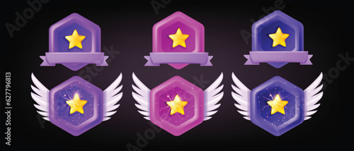3D game badge vector level up UI icon set, certificate medal kit, victory ranking award stars wings. Champion certified label premium professional winner emblem, casino achievement. Game badge reward