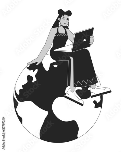 Hispanic woman sitting on planet bw concept vector spot illustration. Remote work. Freelancer 2D cartoon flat line monochromatic character for web UI design. Editable isolated outline hero image