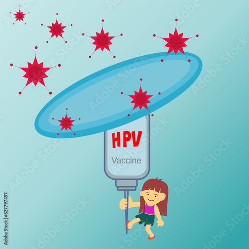 Flat cartoon a girl holding a syringe containing the "HPV" vaccine with the virus floating around. HPV infection prevention concept with vaccination against infection