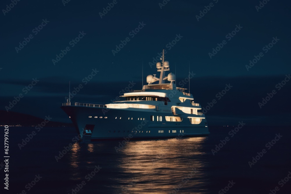 Superyacht at sea, luxury yacht night time, generative ai