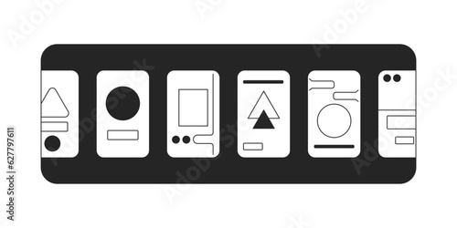 Designs of onboarding flat monochrome isolated vector icon. Apps and programs screens. Editable black and white line art drawing. Simple outline spot illustration for web graphic design