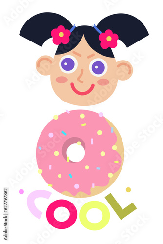 Little cartoon gils head with big pink donut For kids food stickes and designsKindergarten element