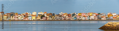 Vista panor^
amica das fachadas coloridas das casas às riscas na praia da Costa Nova do Prado em Aveiro, Portugal. photo
