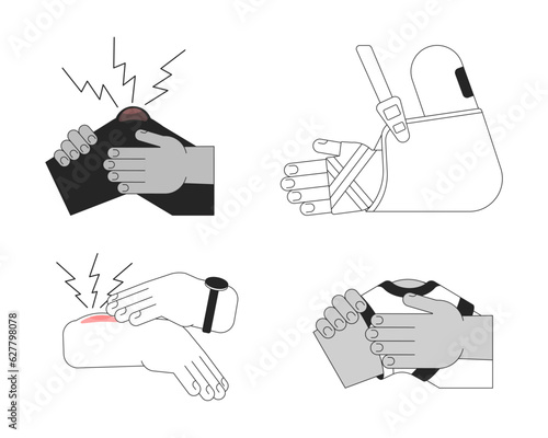 Human traumas flat monochrome isolated vector object. Arm and leg injuries. Editable black and white line art drawing. Simple outline spot illustration for web graphic design