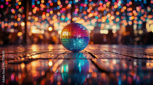 Multicolored Disco Ball on Wooden Floor with Blurred Lights in the Background Retro Inspired AI Generative